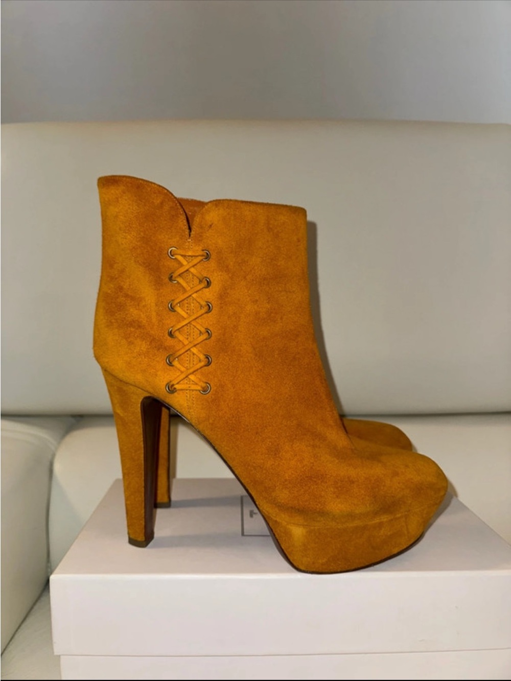 SERGIO ROSSI MUSTARD SUEDE PLATFORM ANKLE BOOTS